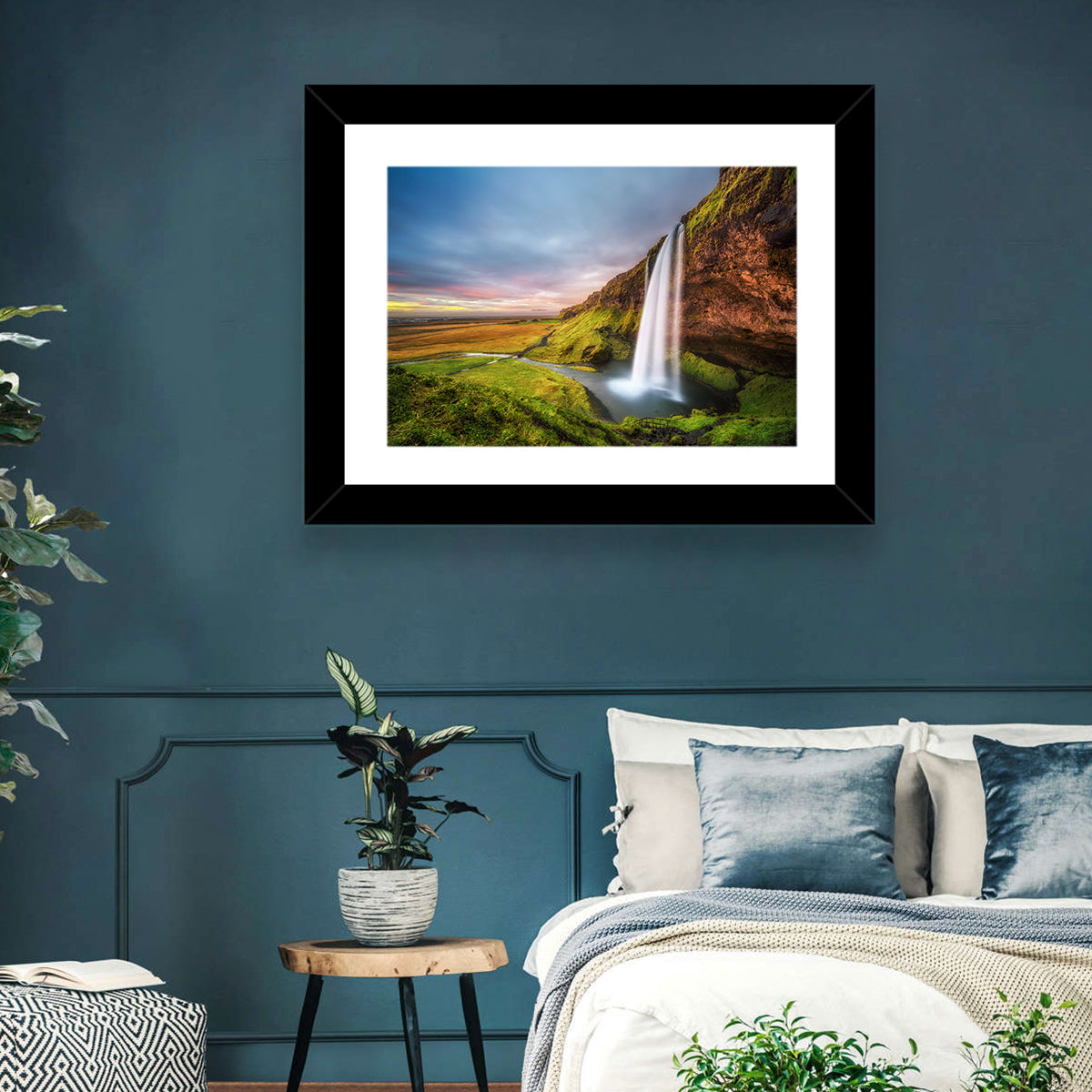 Seljalandsfoss Waterfall Wall Art in a room, landscape