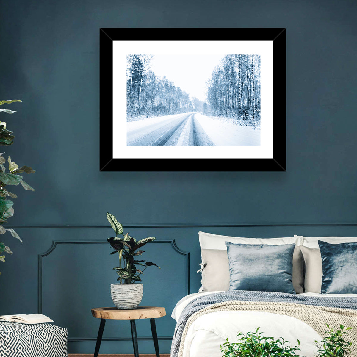 Tire Tracks on Snowy Road Wall Art in a room, landscape