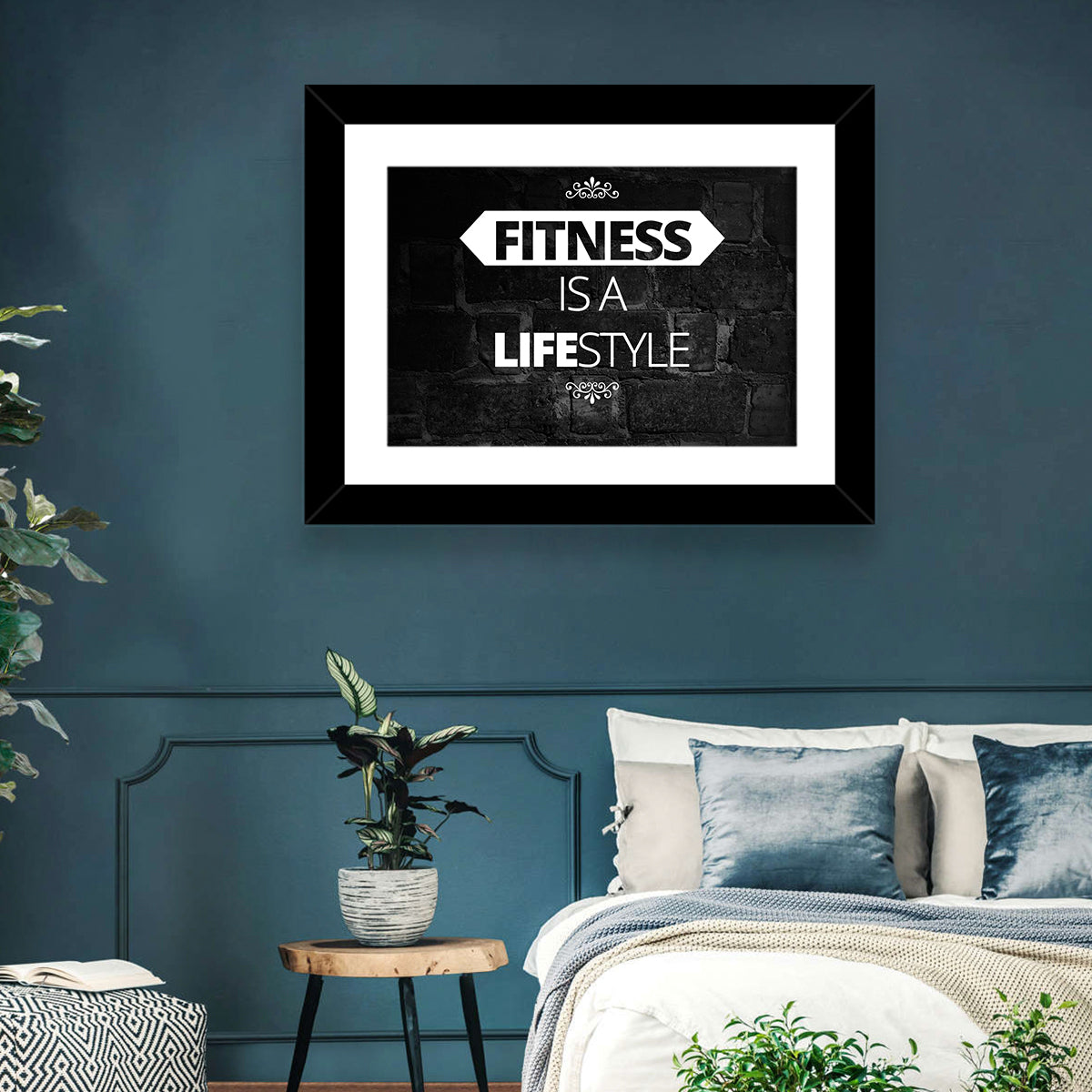 Fitness Is a Lifestyle Brick Quote Wall Art in a room, landscape