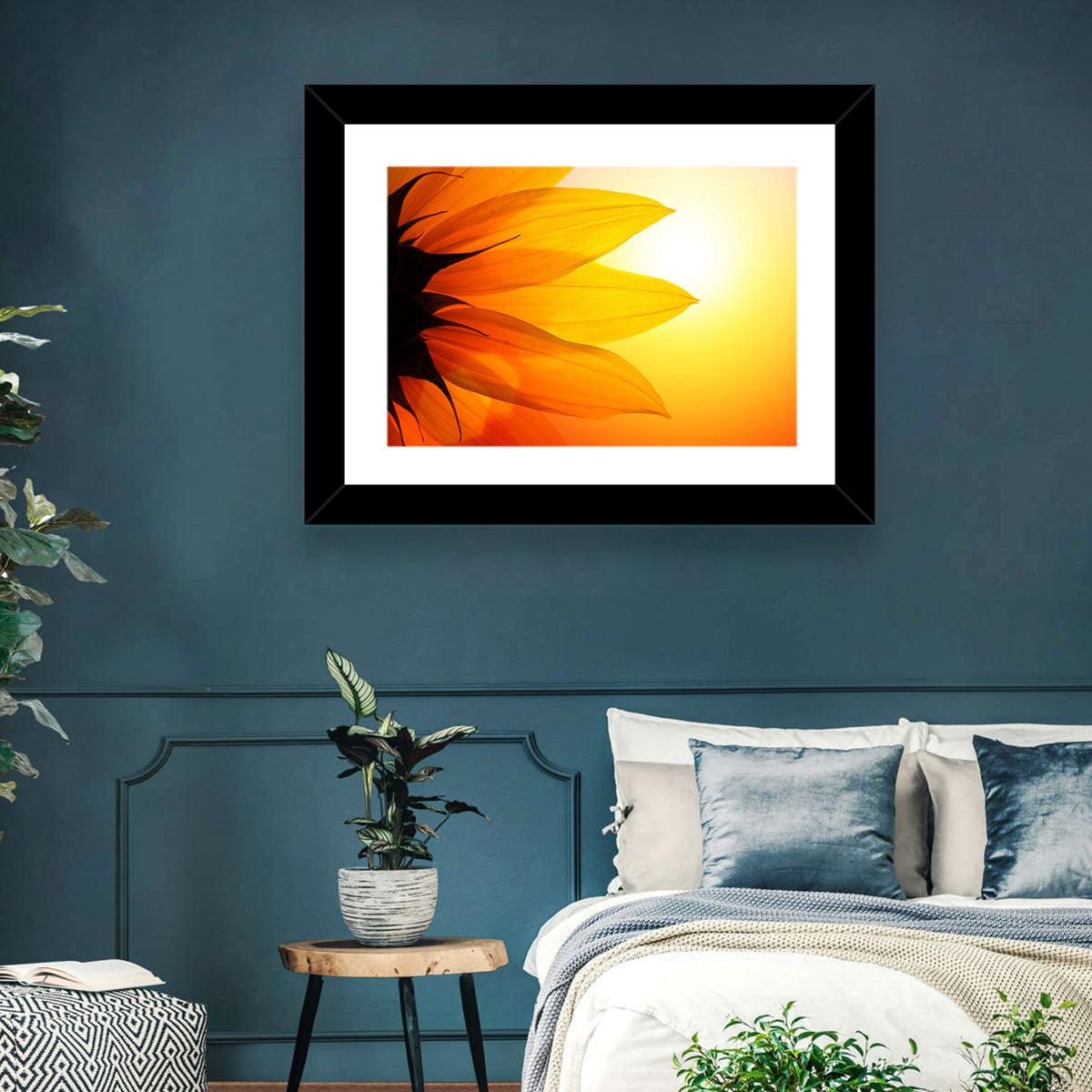 Backlit Sunflower Petals Wall Art in a room, landscape