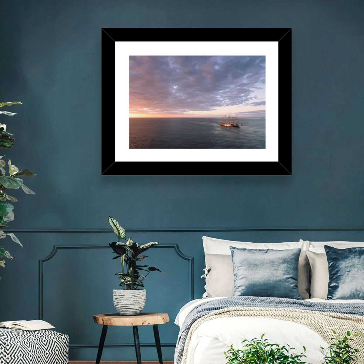 Sunlit Tall Ship at Sea Wall Art in a room, landscape