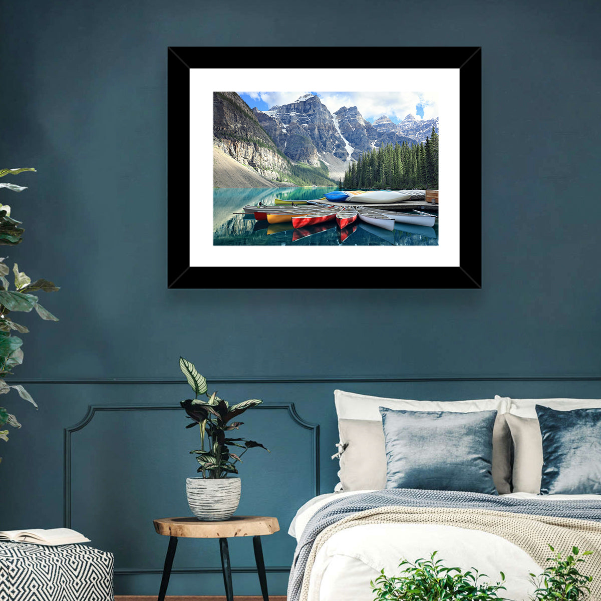 Moraine Lake Canoes at Lake Louise Wall Art