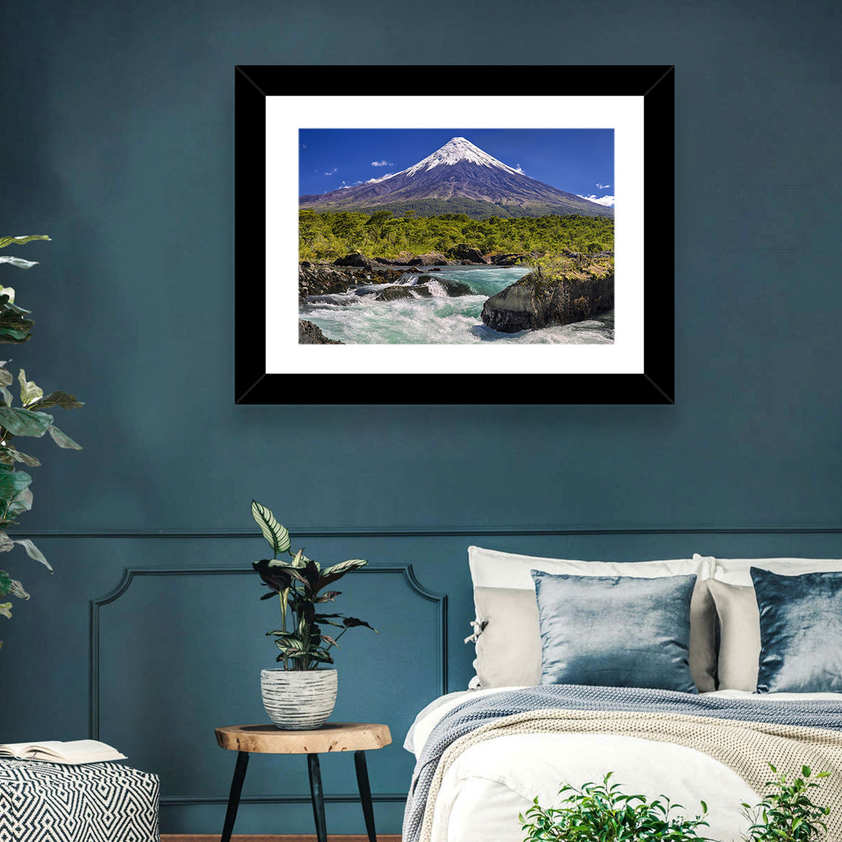 Osorno Volcano Over Petrohue Rapids Wall Art in a room, landscape