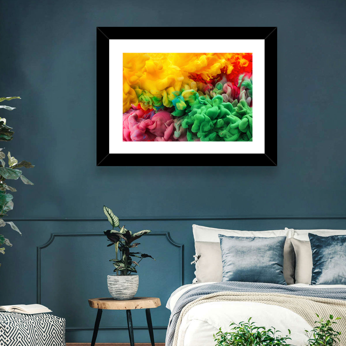 Vibrant Underwater Ink Cloud Abstract Wall Art in a room, landscape