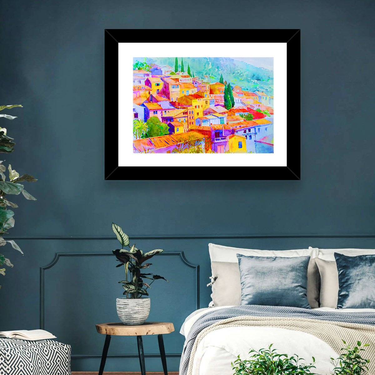 Mediterranean Hillside Watercolor Village Wall Art in a room, landscape