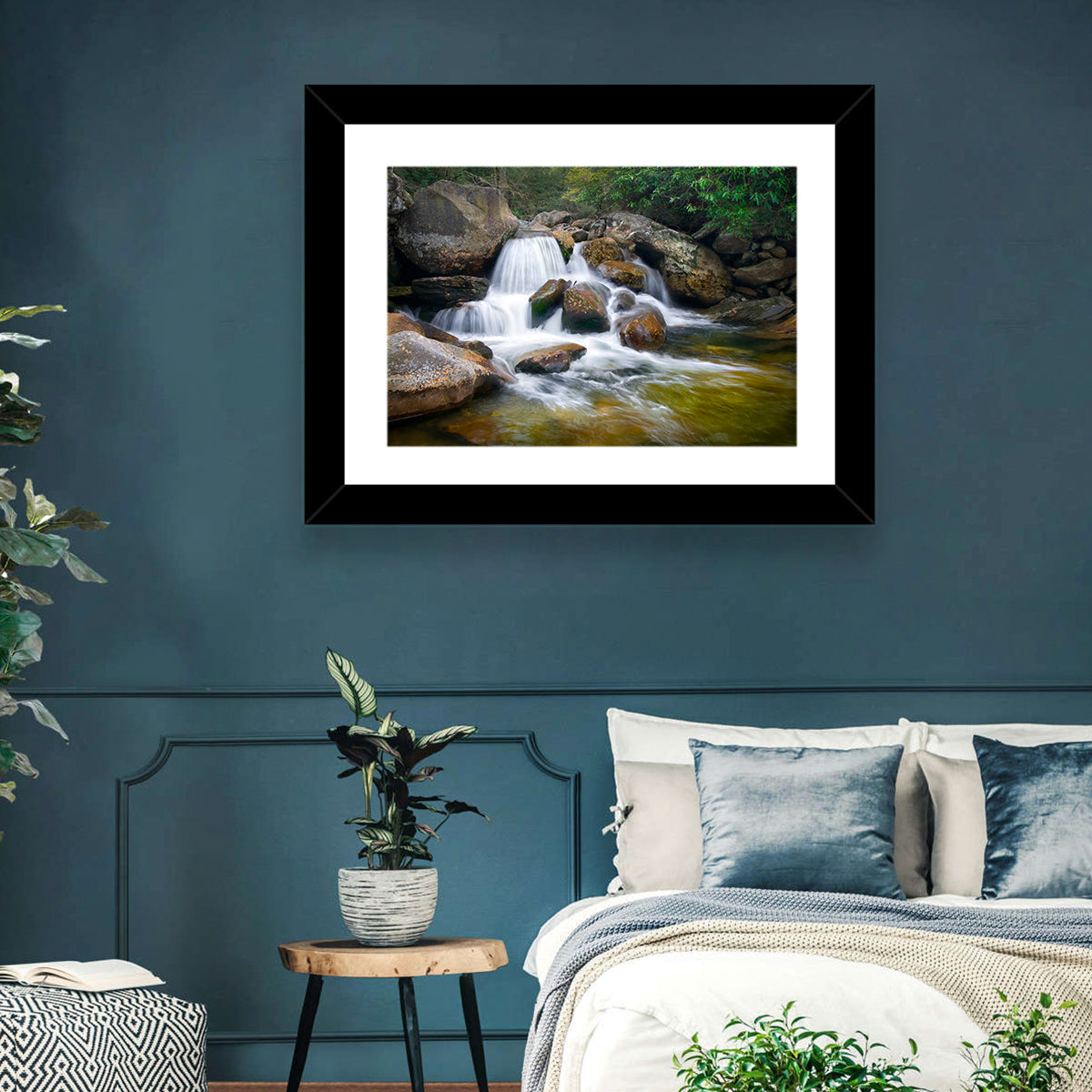 Blue Ridge Mossy Waterfall Wall Art in a room, landscape