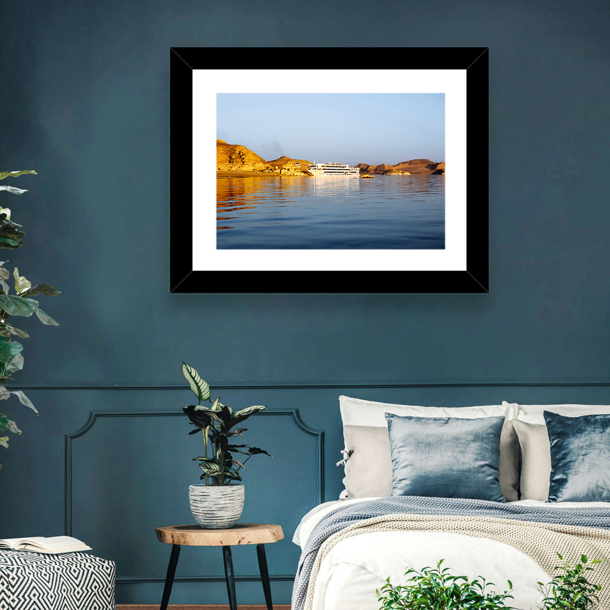 Lake Nasser Cruise Ship at Golden Hour Wall Art in a room, landscape