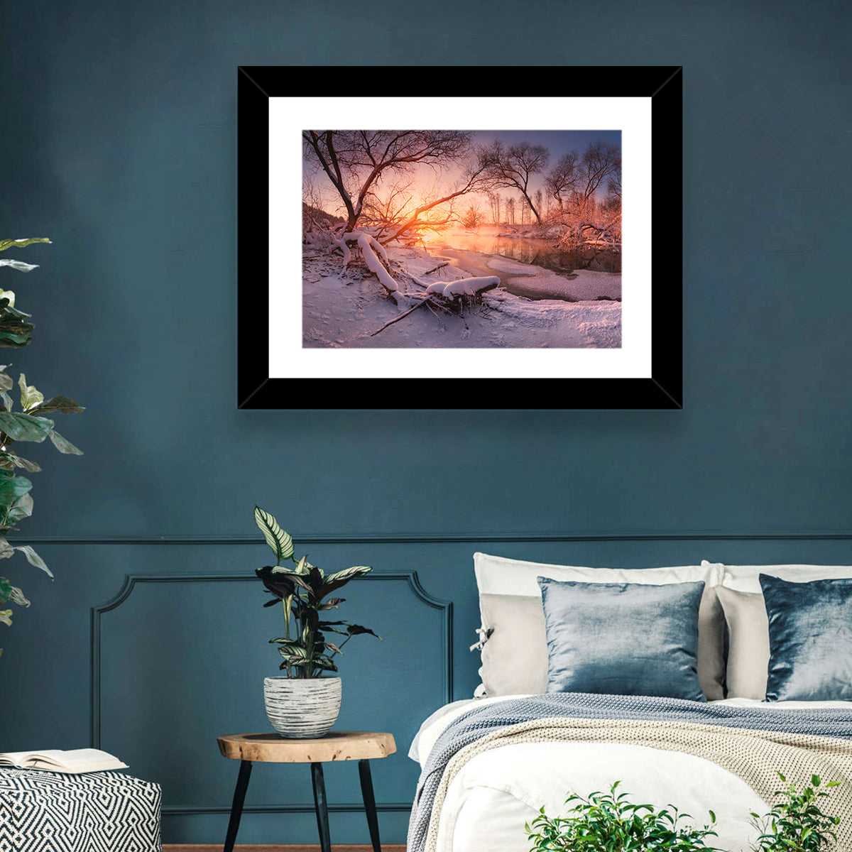 Sunset Over Snowy Forest Lake Wall Art