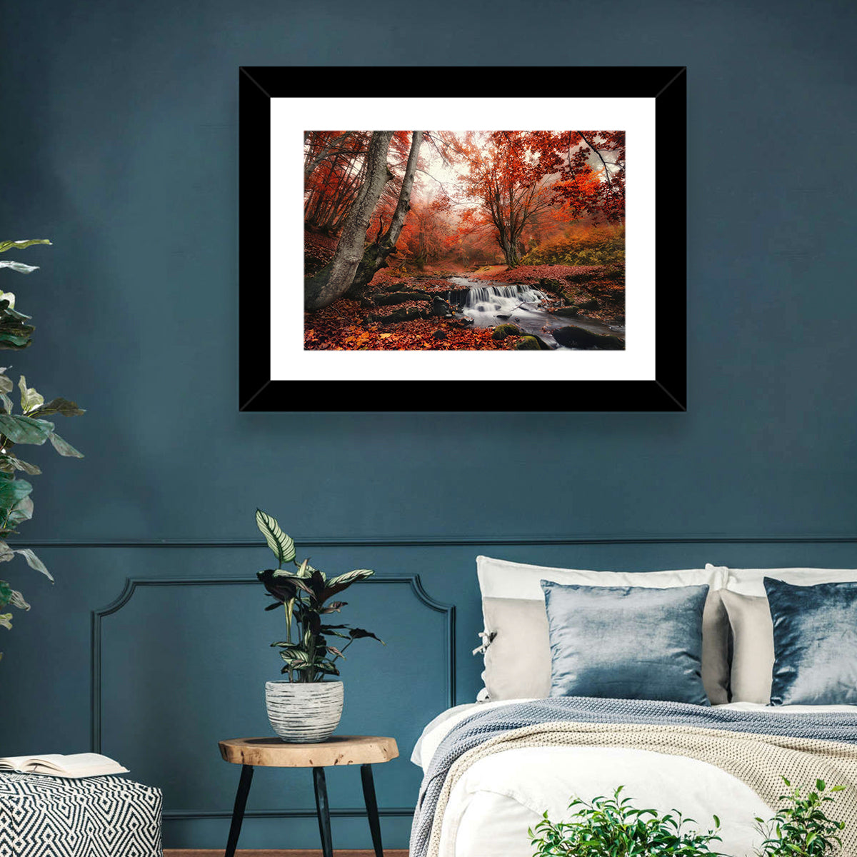 Autumn Forest Stream with Footbridge Wall Art in a room, landscape
