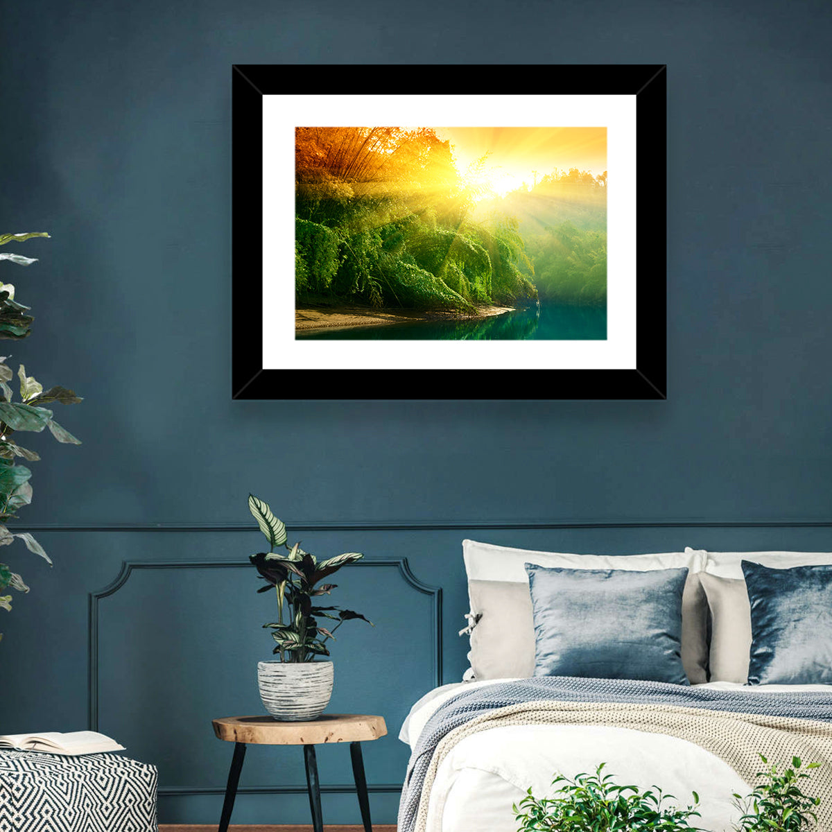 Golden Bamboo Riverbank Wall Art in a room, landscape