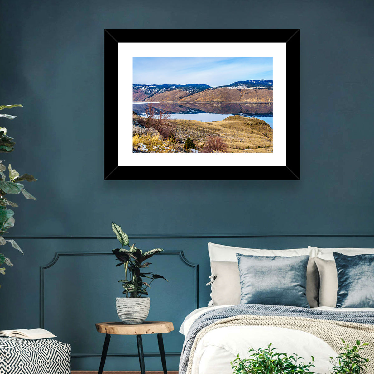 Kamloops Lake Mountain Reflection Wall Art in a room, landscape