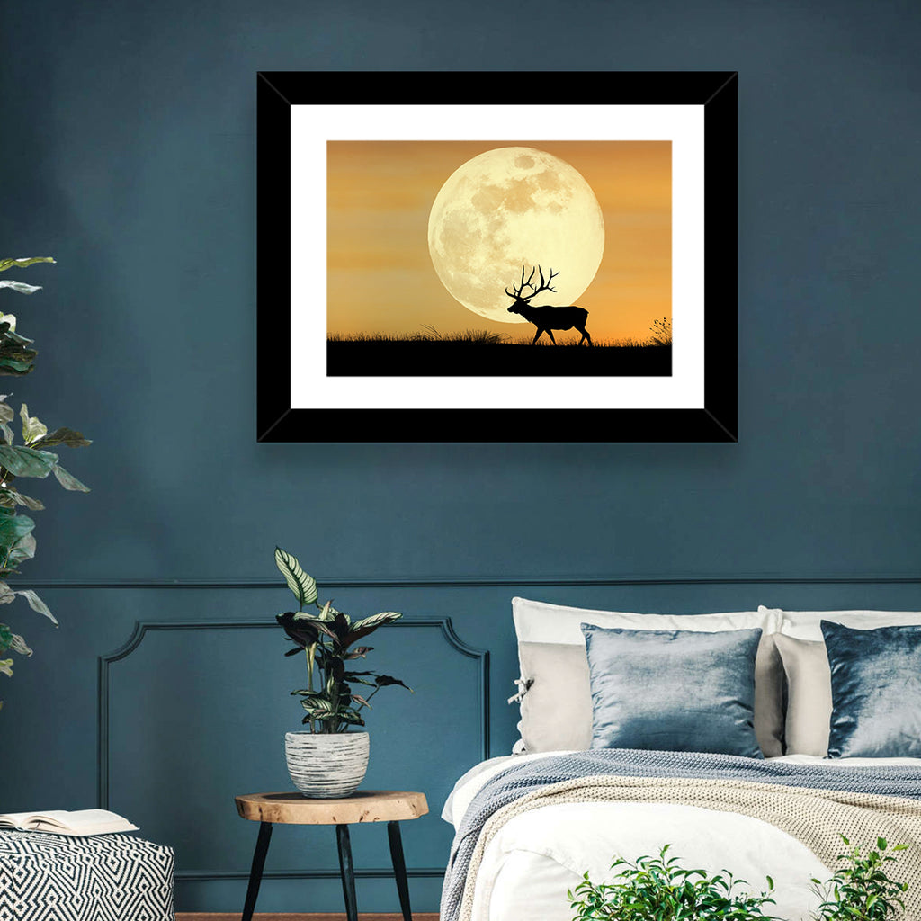 Bull Elk Silhouette Under Supermoon Wall Art