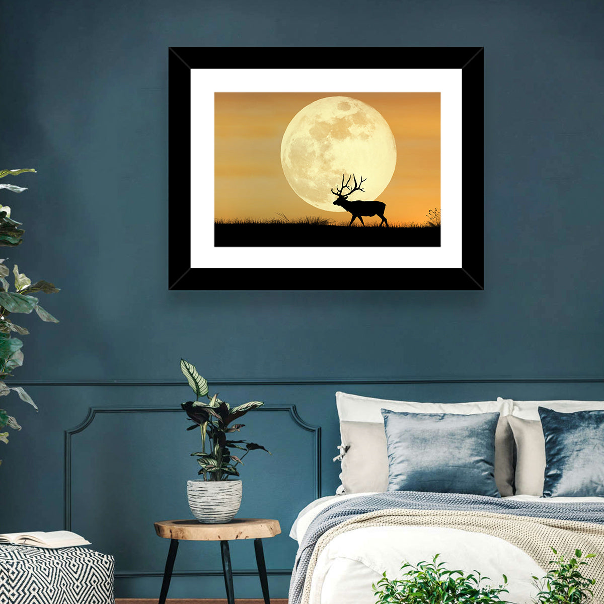 Bull Elk Silhouette Under Supermoon Wall Art in a room, landscape