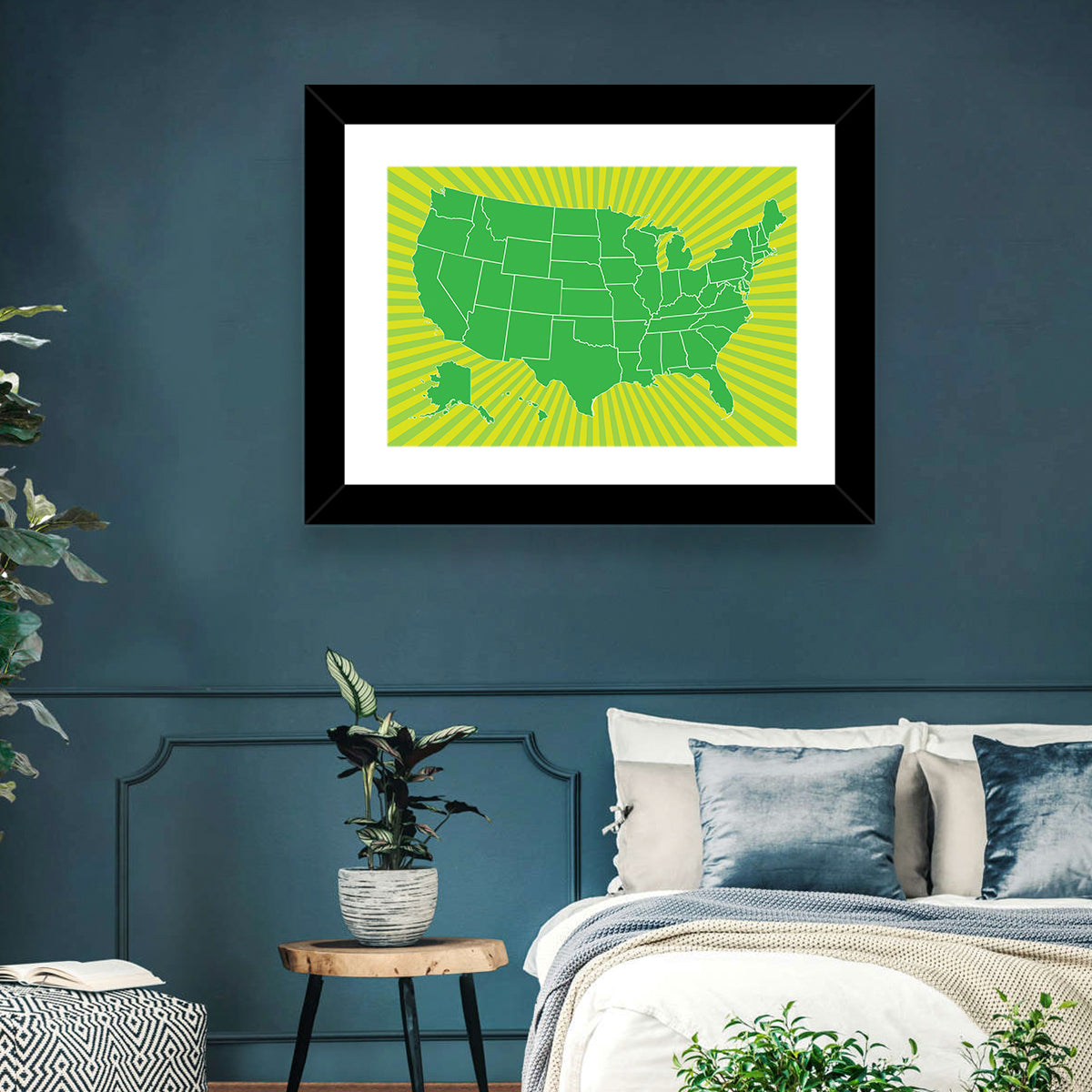 Green Sunburst USA Map Wall Art in a room, landscape