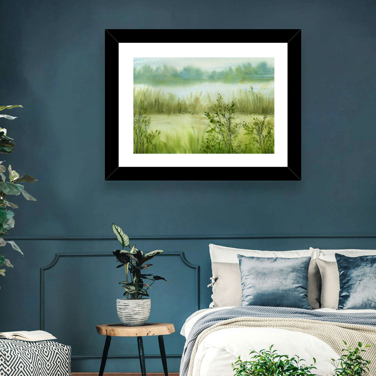 Misty River Meadow Watercolor Wall Art in a room, landscape