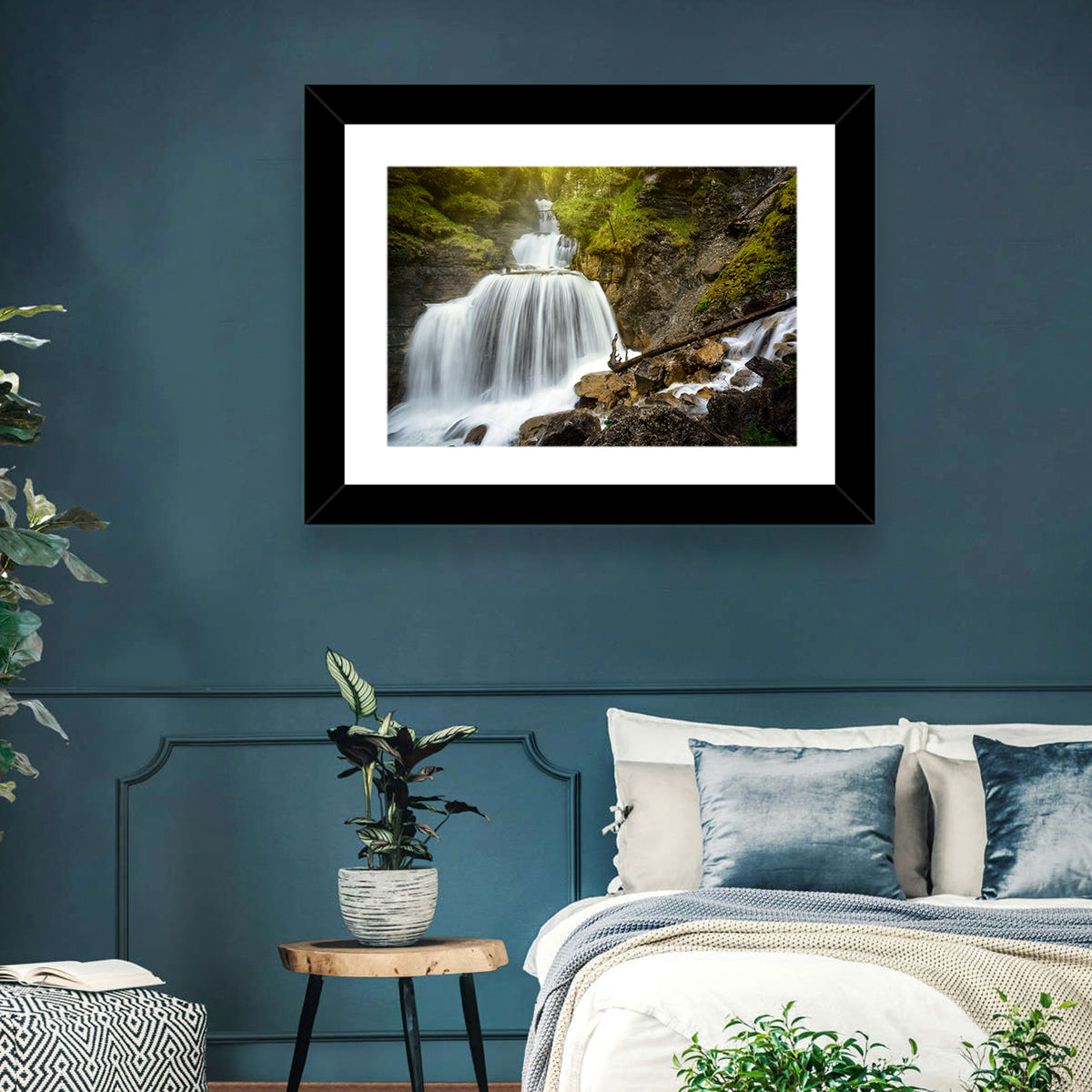 White Cascade Over Mossy Rocks Wall Art