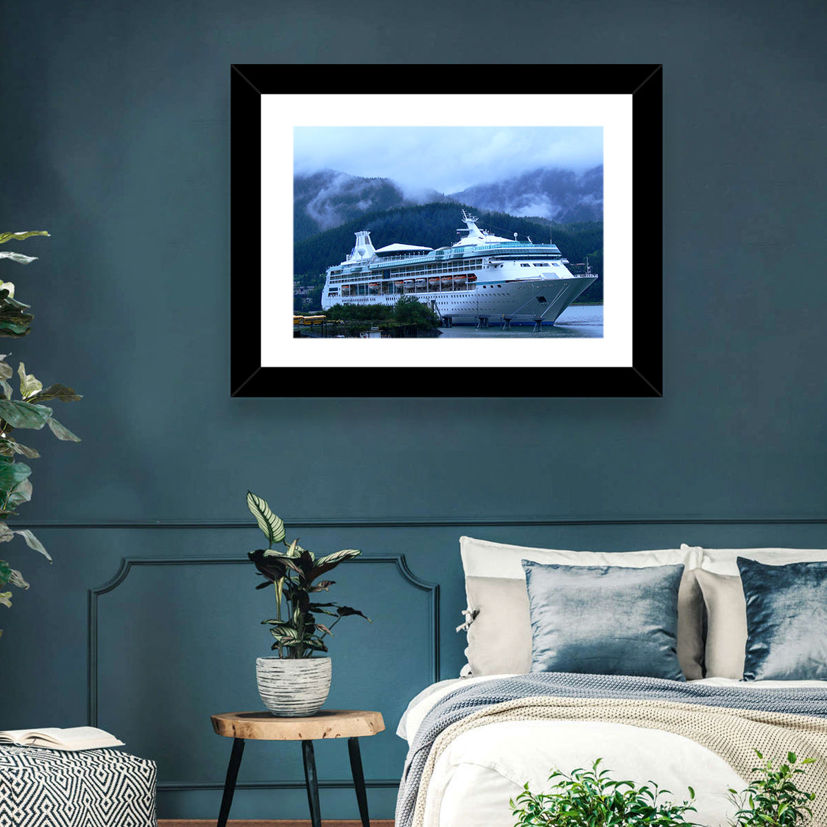 Misty Docked Cruise Ship Wall Art in a room, landscape