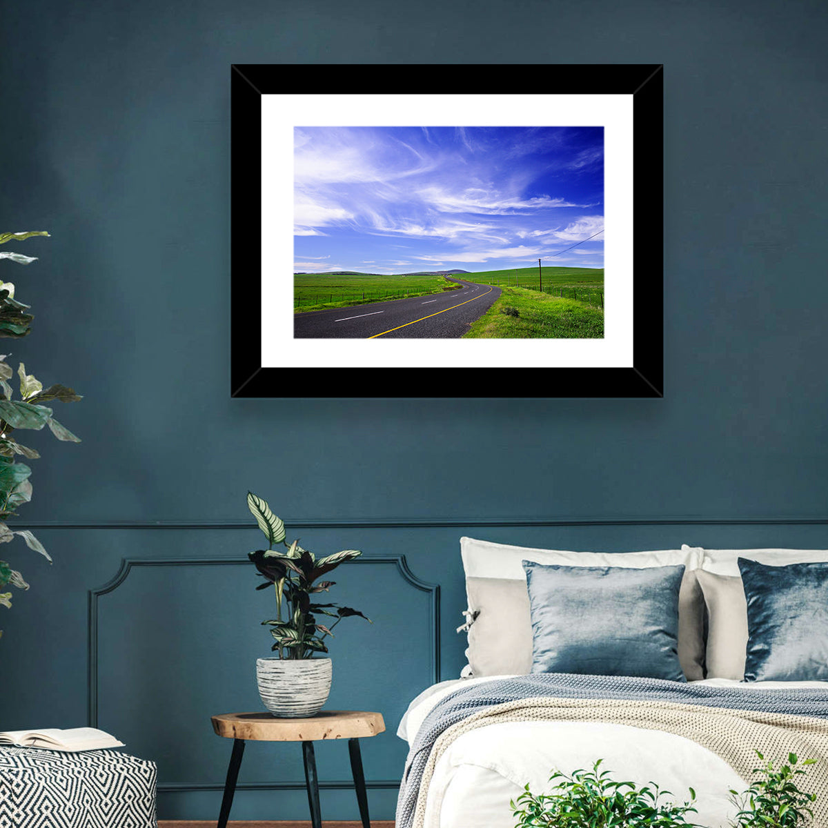 Winding Country Road in Green Fields Wall Art in a room, landscape