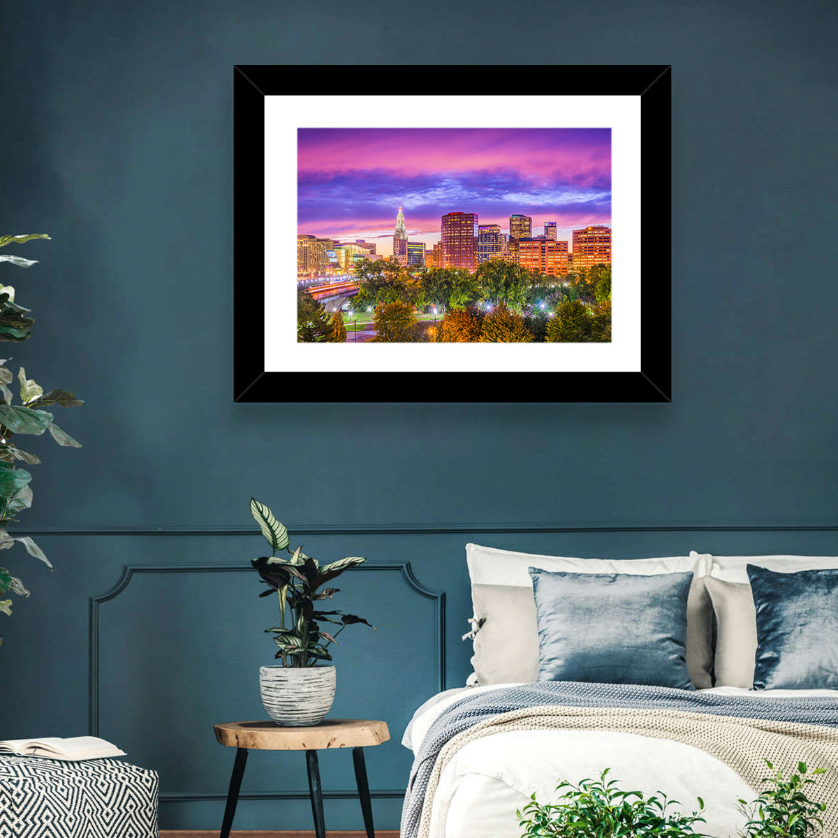 Hartford Skyline at Dusk Wall Art in a room, landscape