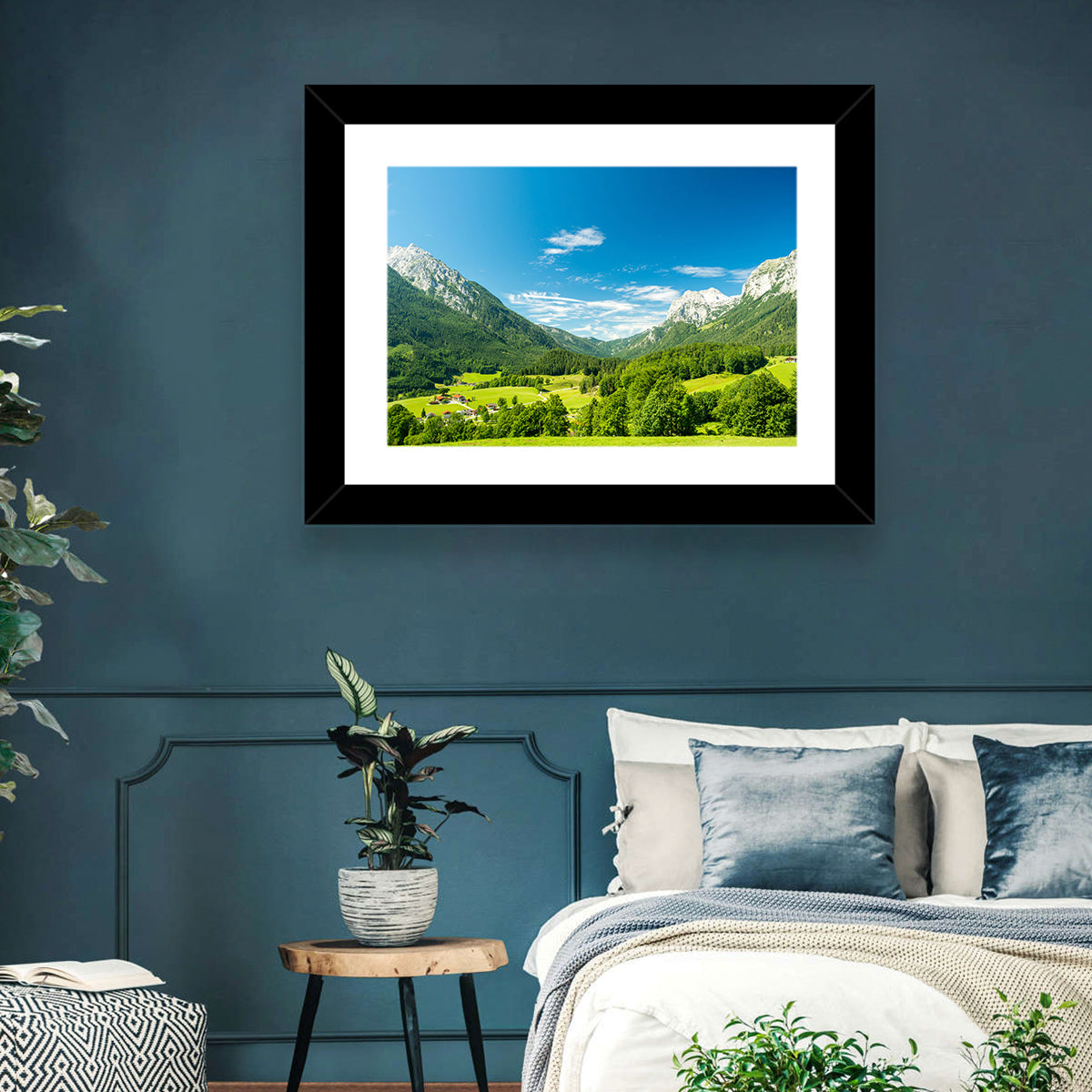 Bavarian Alpine Valley Wall Art in a room, landscape