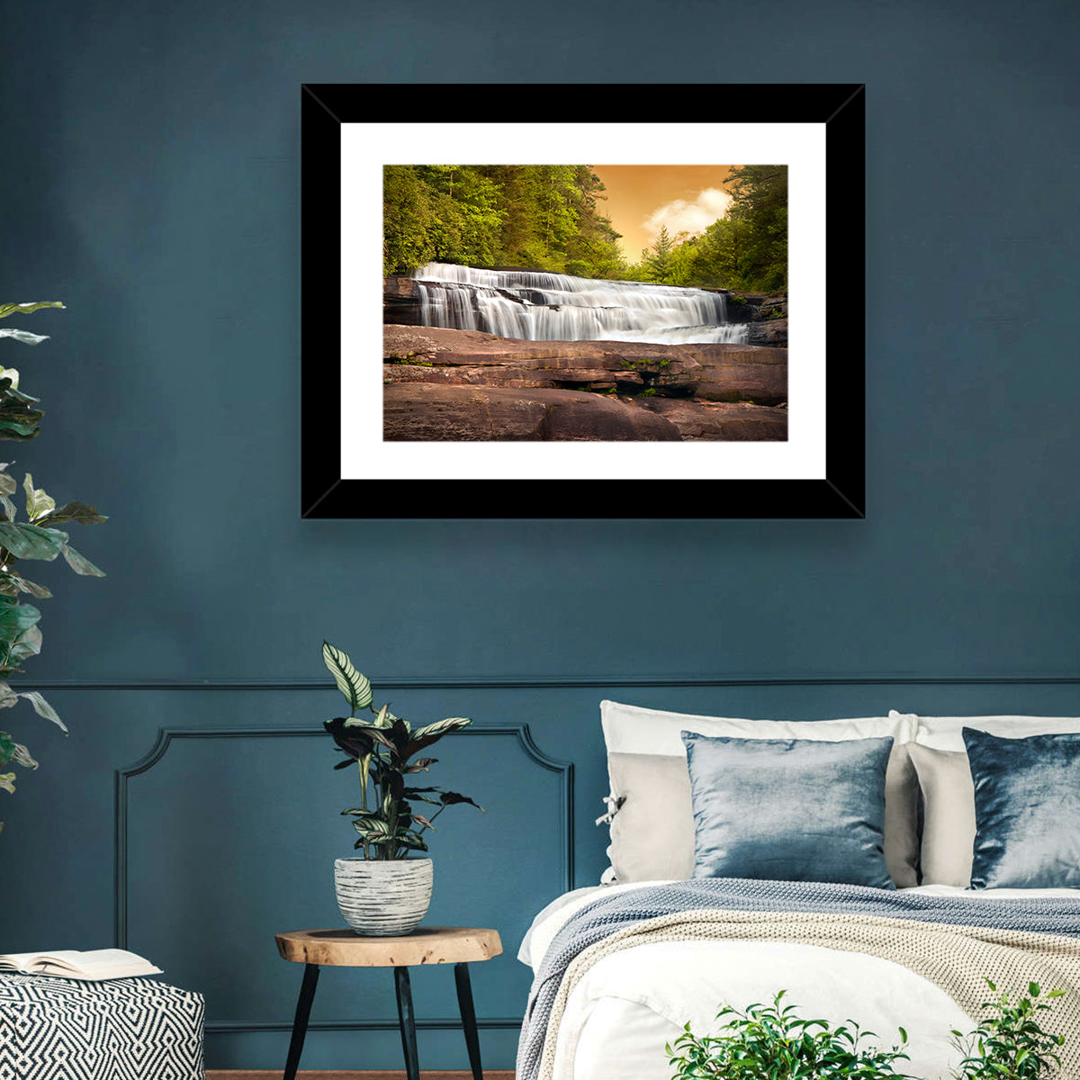 Blue Ridge Waterfall at Golden Hour Wall Art in a room, landscape