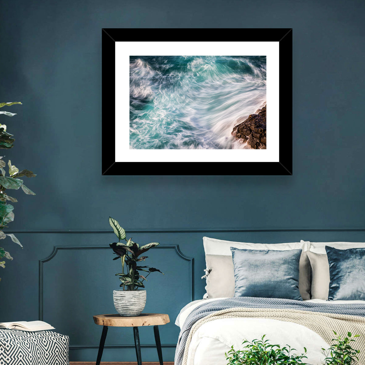 Silky Teal Ocean Waves Wall Art in a room, landscape