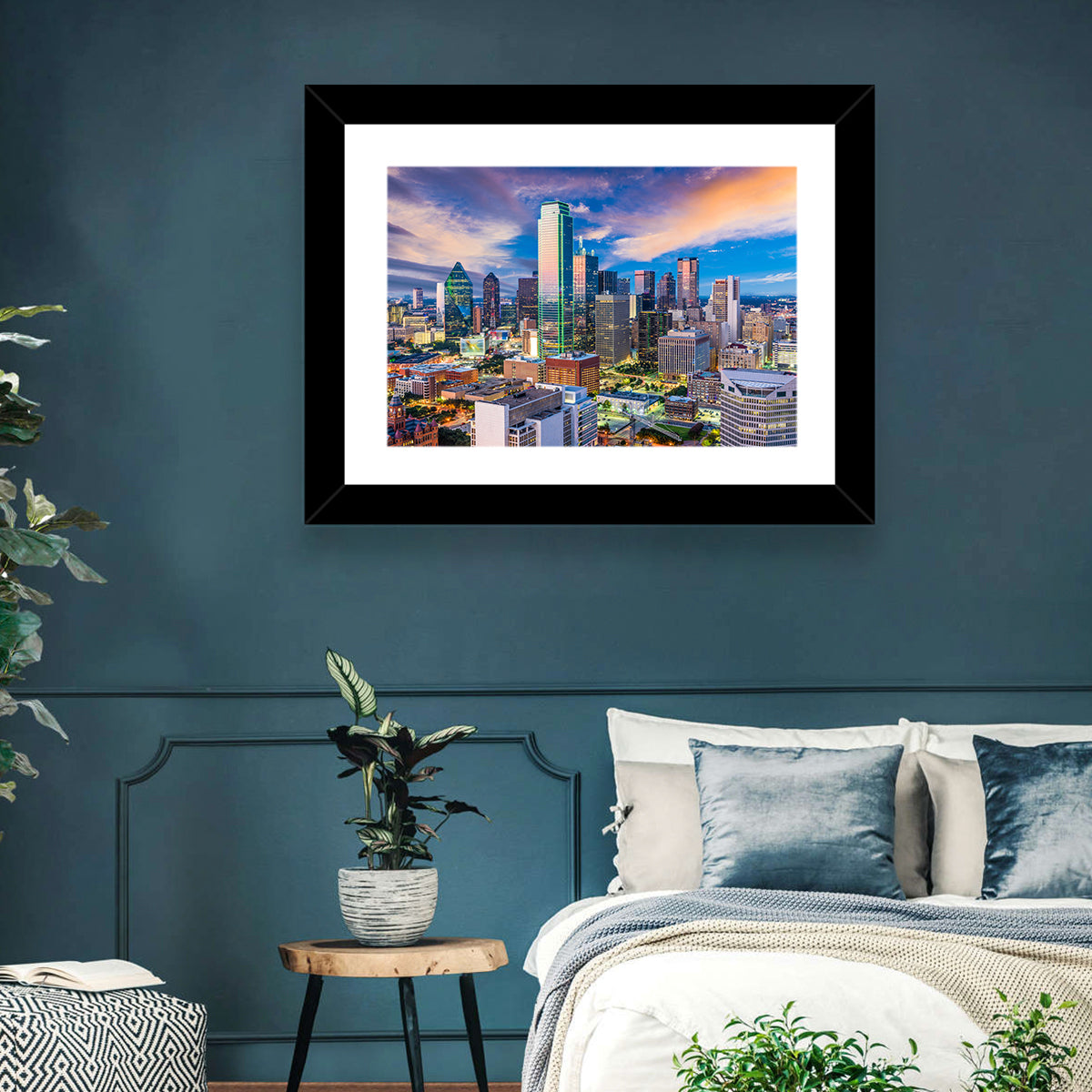 Dallas Twilight Skyline Wall Art in a room, landscape