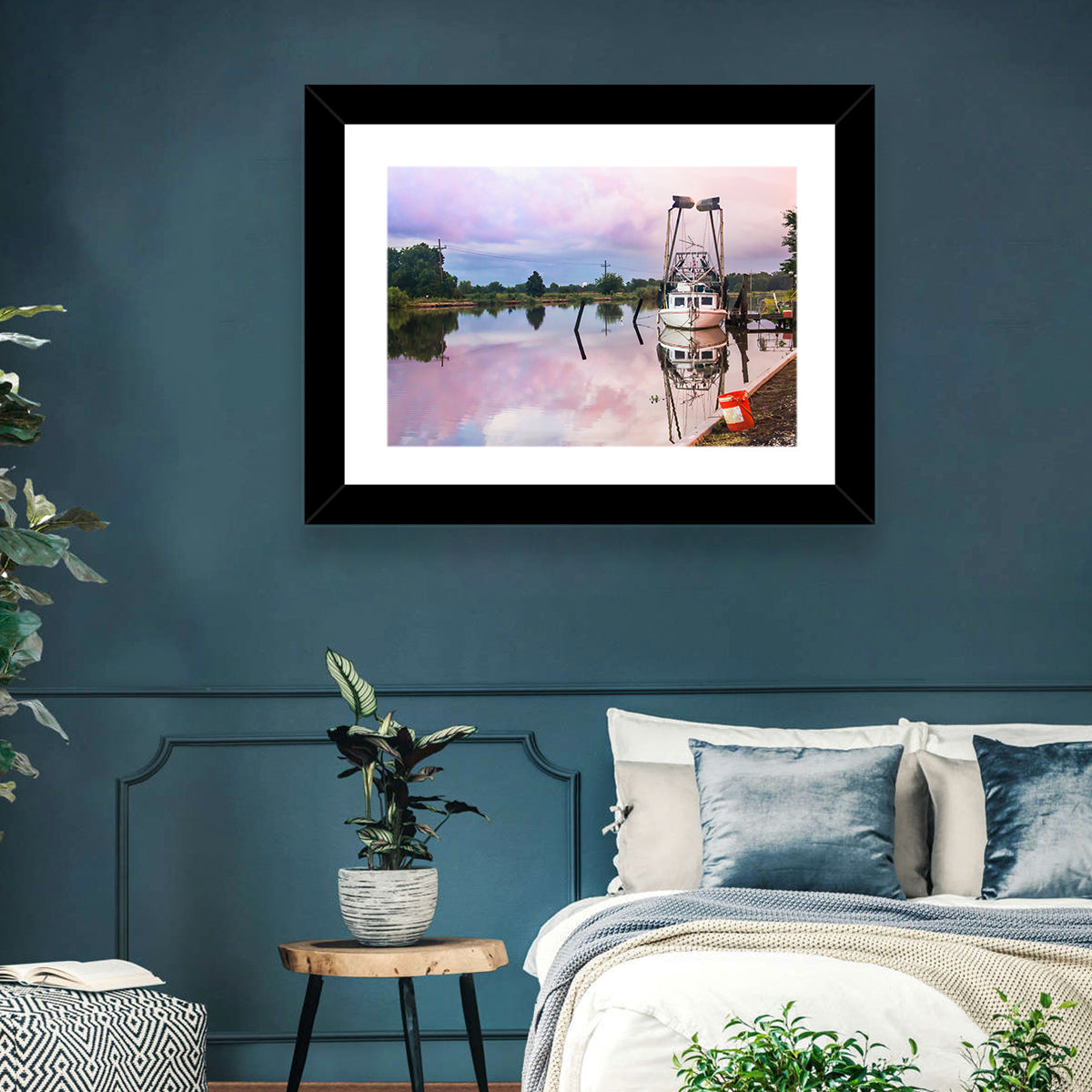 White Shrimp Boat on Louisiana Bayou Wall Art in a room, landscape