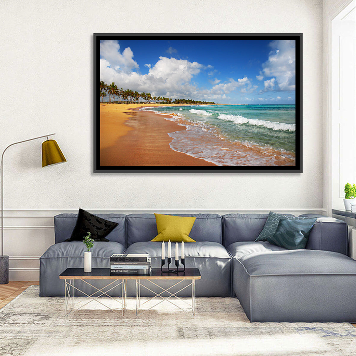 Palm Lined Tropical Coast Wall Art in a room, landscape
