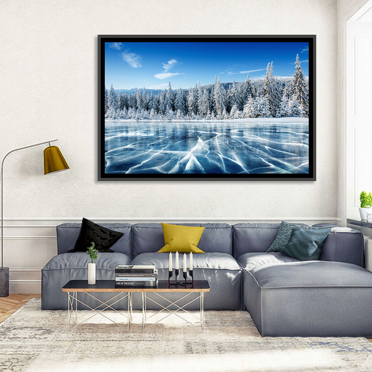 Cracked Ice Lake with Snowy Pines Wall Art