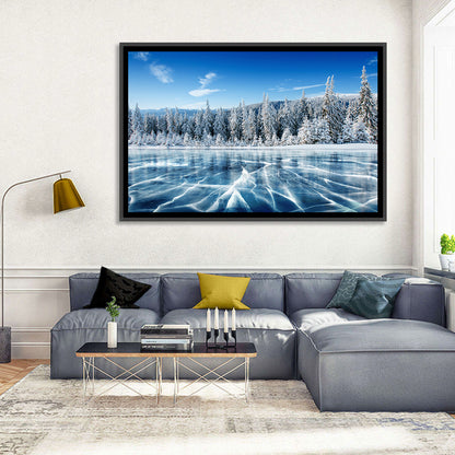 Cracked Ice Lake with Snowy Pines Wall Art