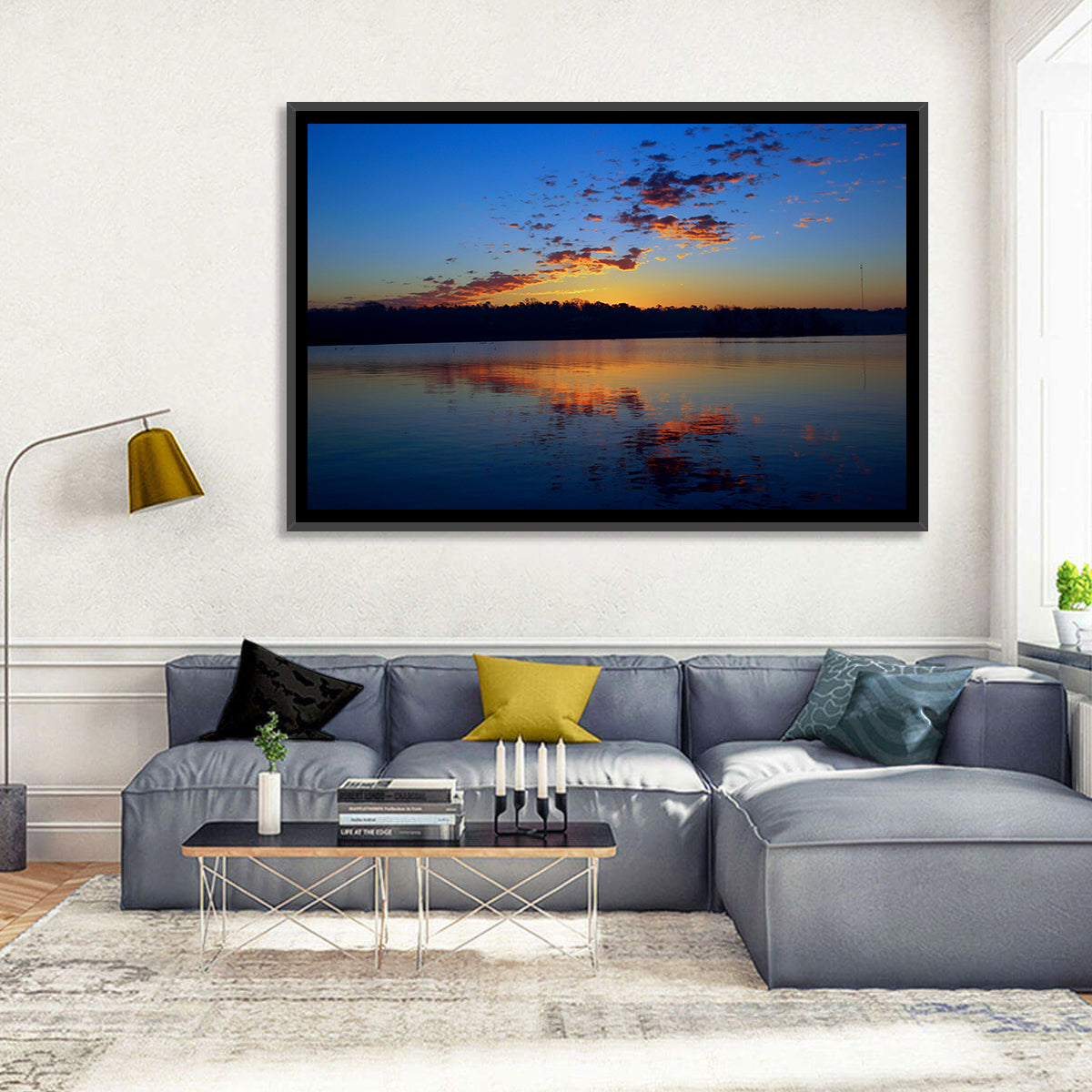 Lake Livingston Sunset Reflection Wall Art in a room, landscape