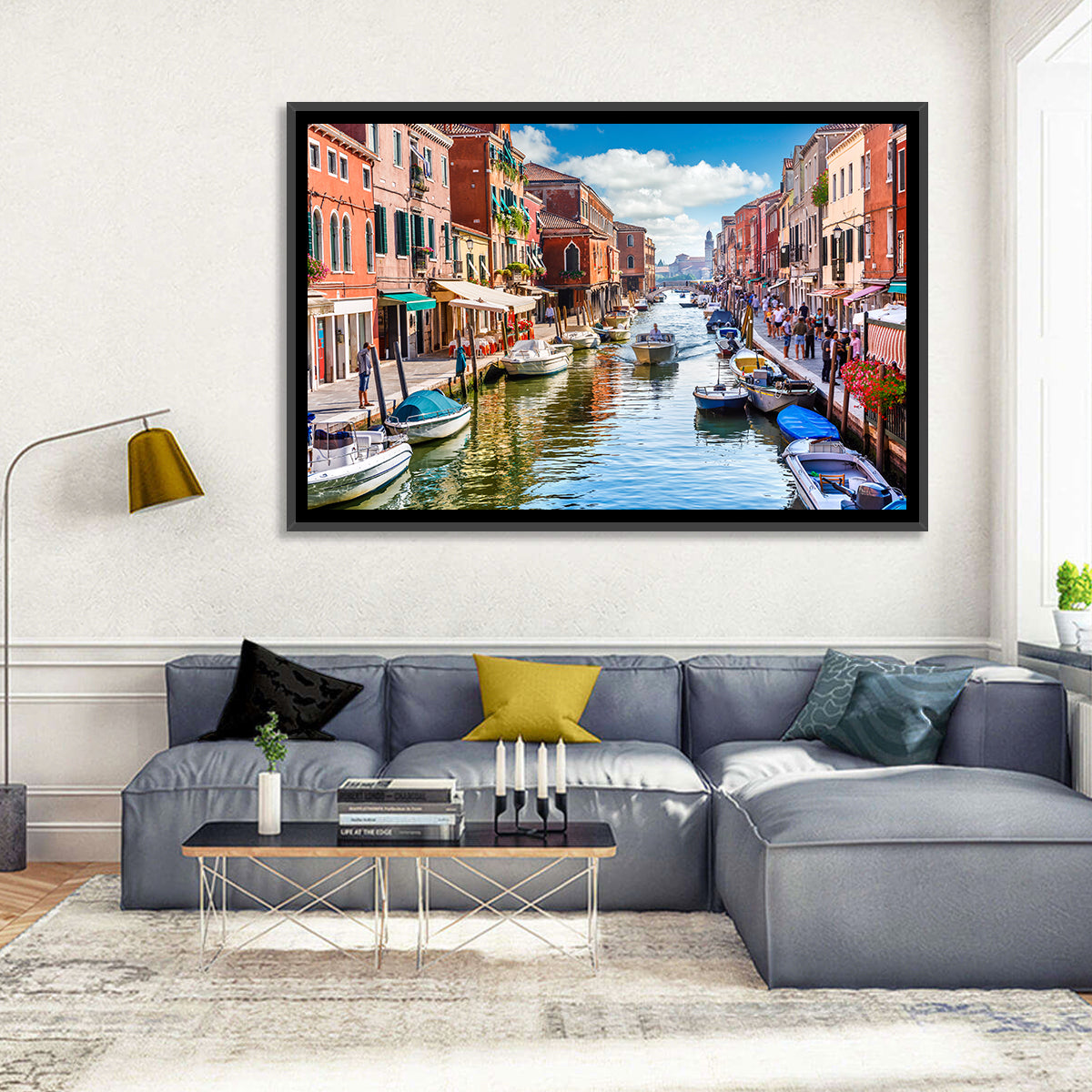 Sunlit Burano Canal, Venice Wall Art in a room, landscape
