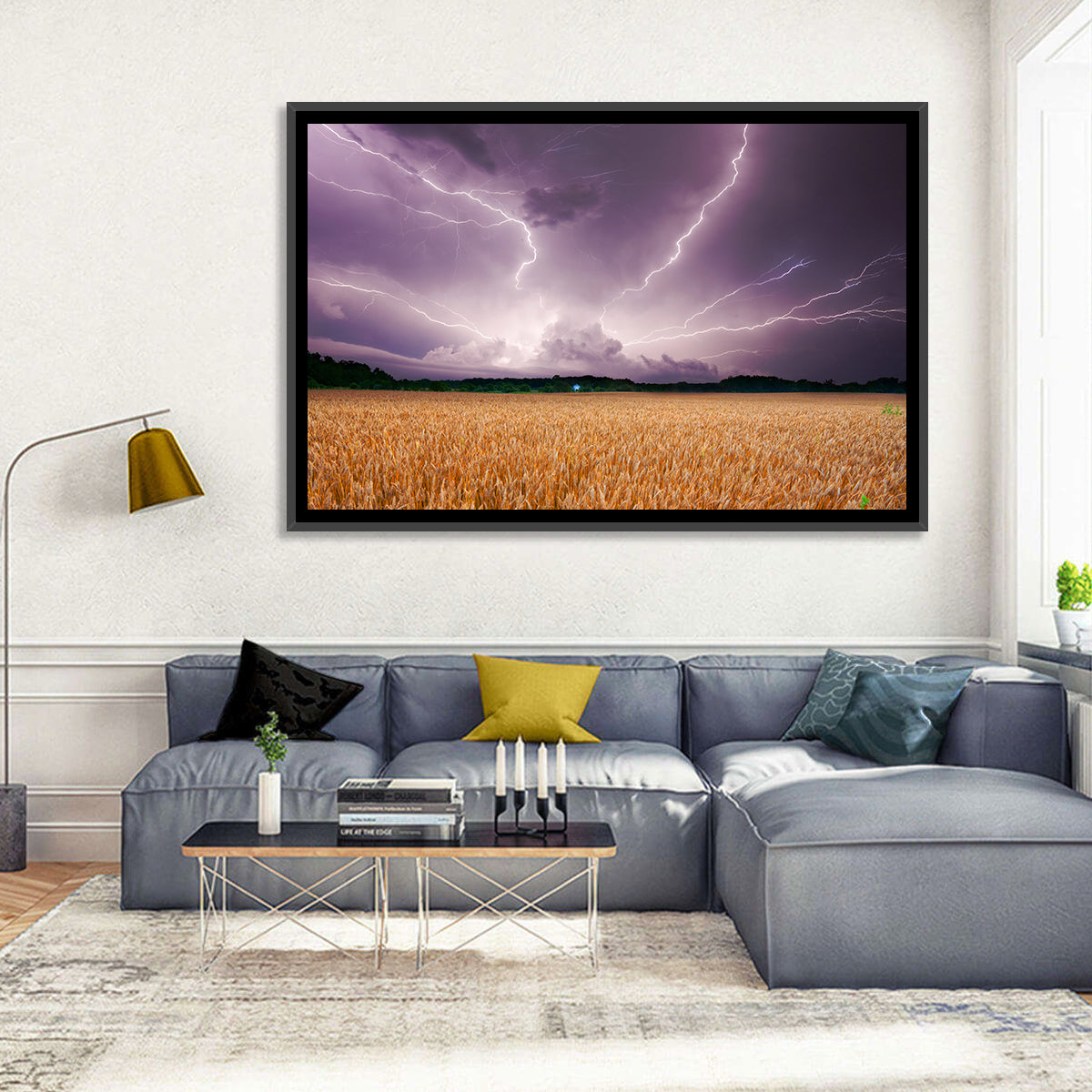 Lightning Over Wheat Field Wall Art in a room, landscape