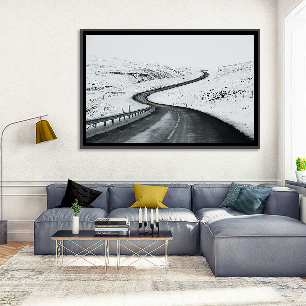 Winding Snow Road with Yellow Markers Wall Art