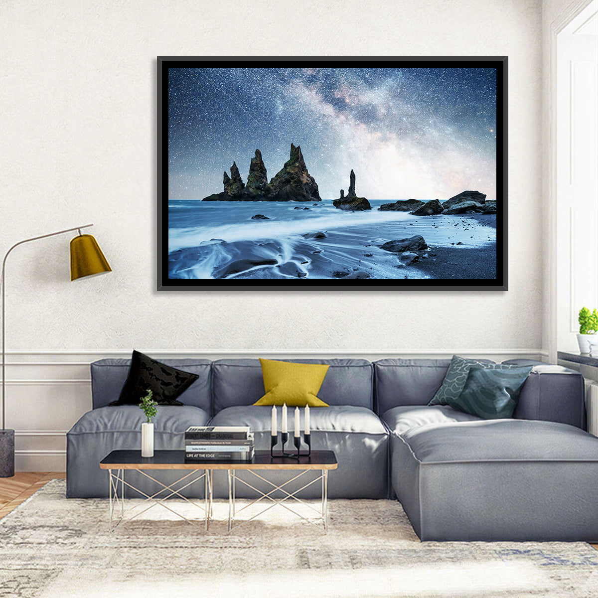 Reynisdrangar Sea Stacks Night Wall Art in a room, landscape