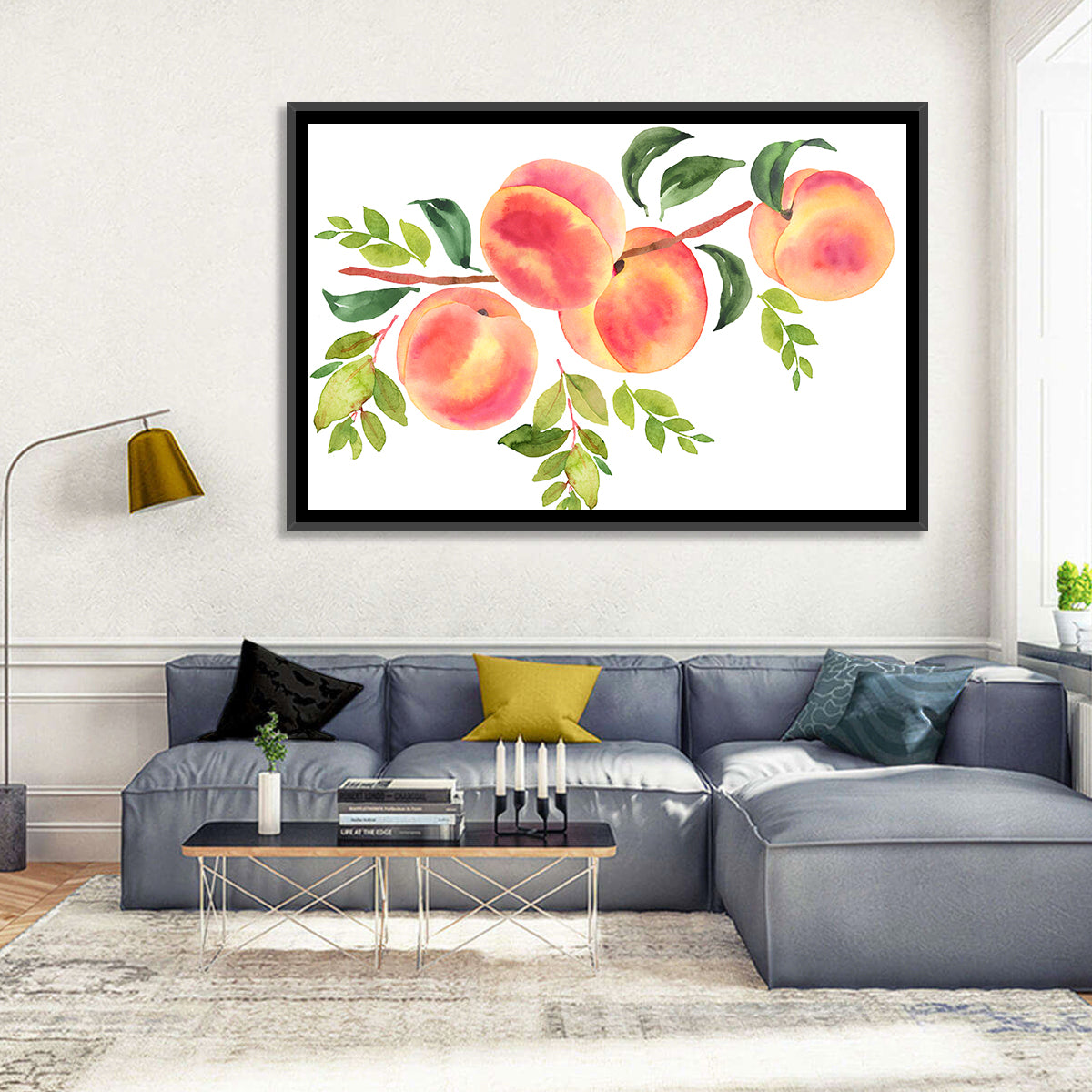 Watercolor Peach Branch Wall Art in a room, landscape