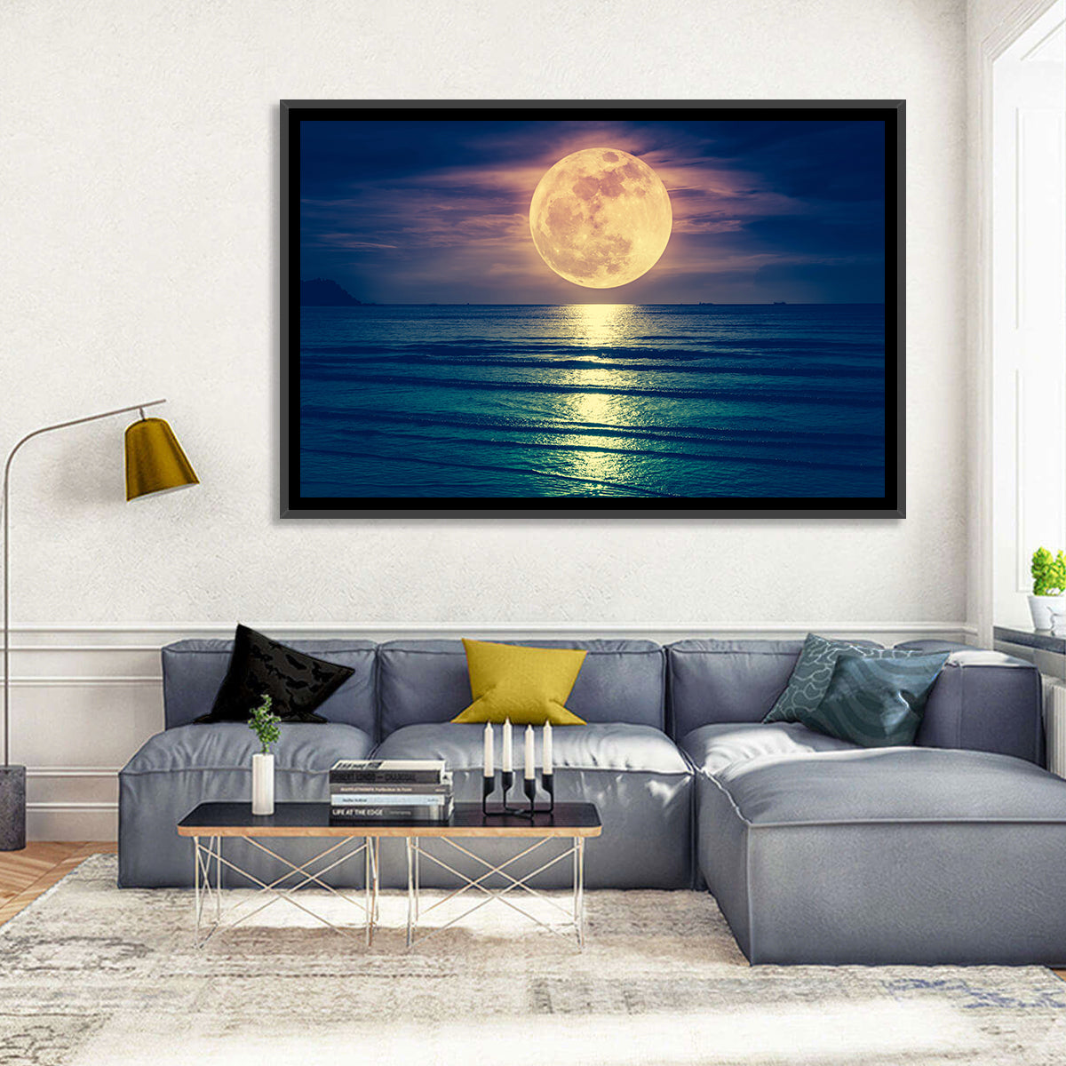 Supermoon Over Calm Sea Wall Art in a room, landscape