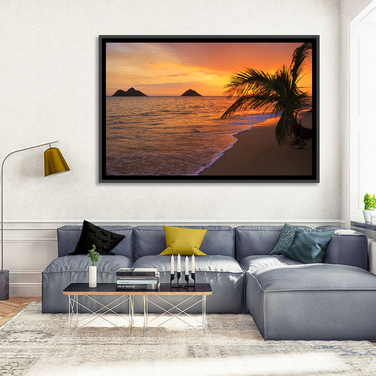 Lanikai Sunrise Over Na Mokulua Wall Art in a room, landscape
