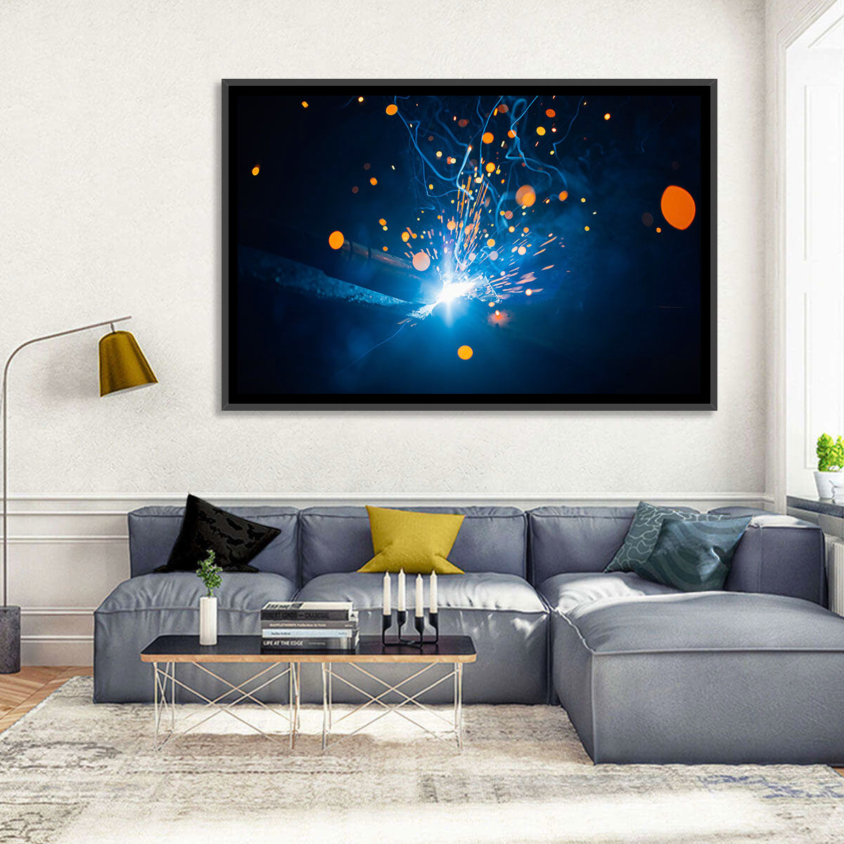 Welding Sparks Close-up Wall Art in a room, landscape