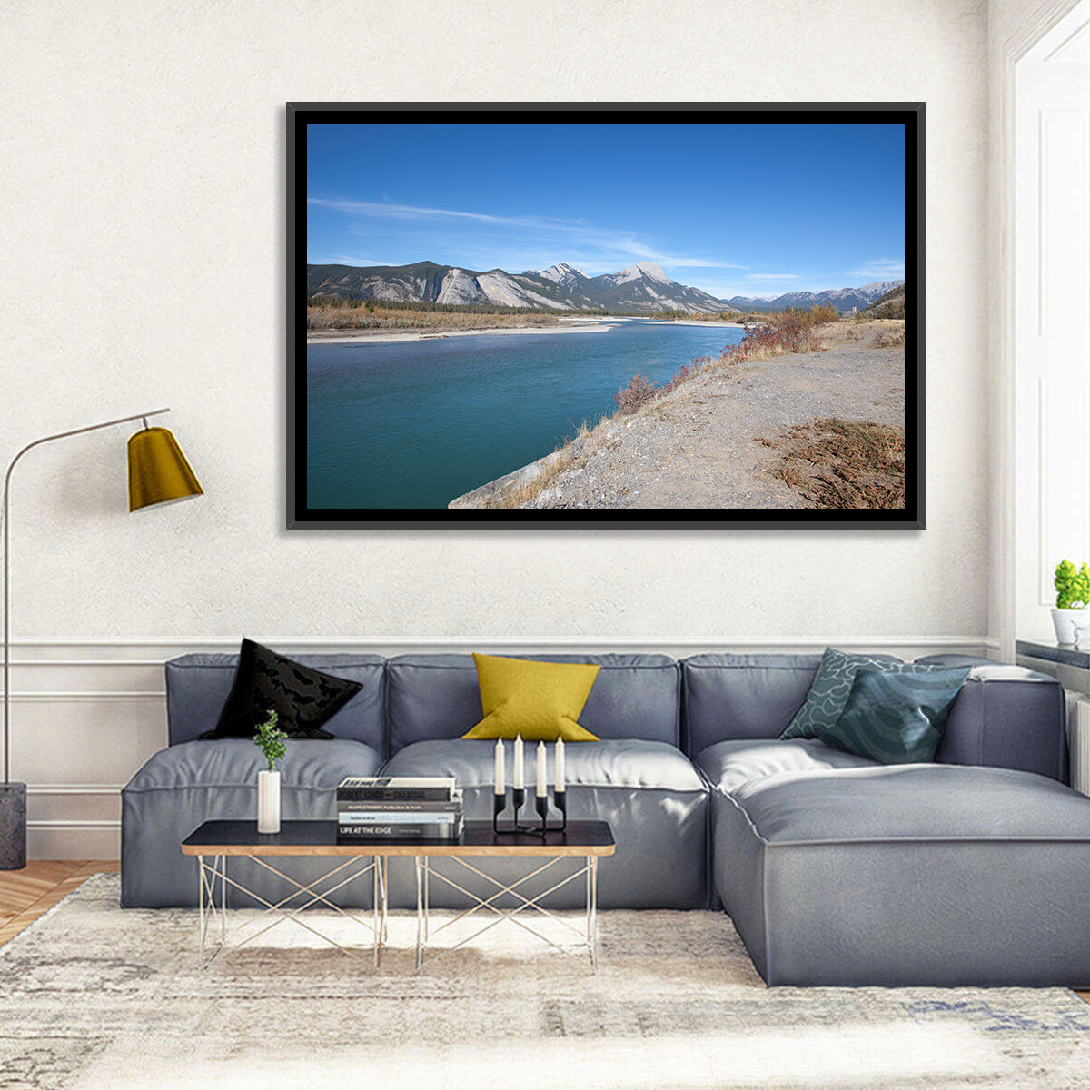 Mount Aeolus Over Athabasca Riverbank Wall Art in a room, landscape