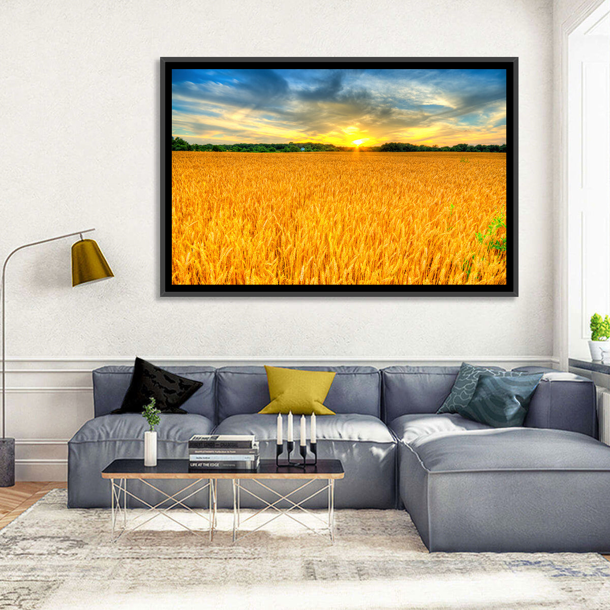 Wheat Field Sunset Wall Art in a room, landscape