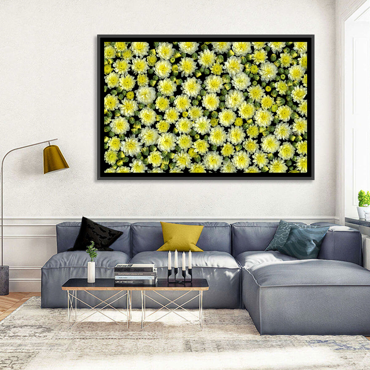 Yellow Chrysanthemum Bloom Pattern Wall Art in a room, landscape