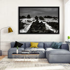 Moody Black and White Rocky Coast Waves Wall Art