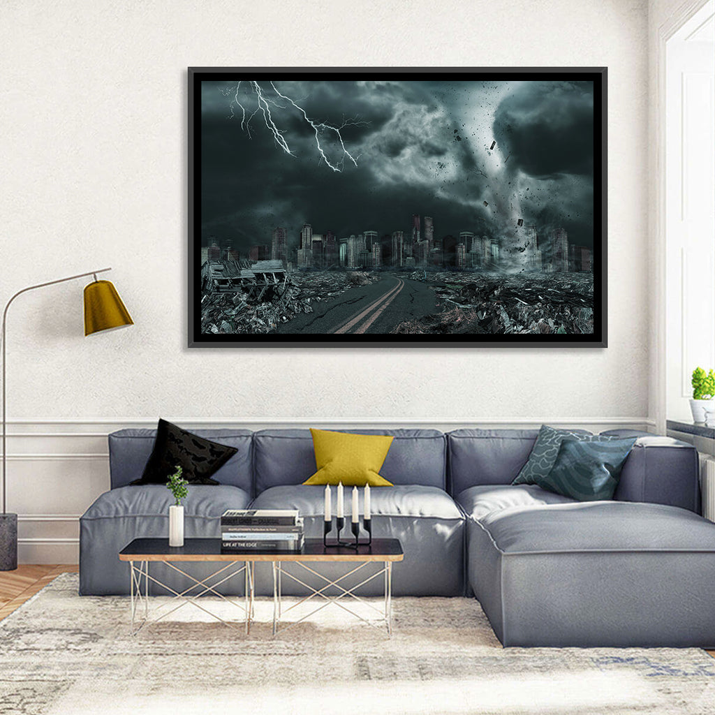 Tornado Over Destroyed City Skyline Wall Art