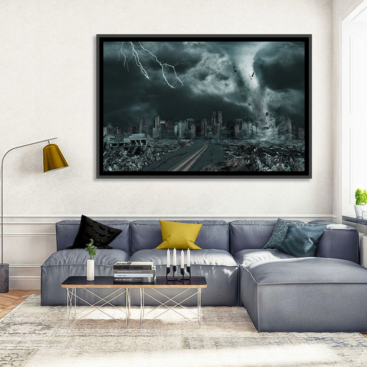 Tornado Over Destroyed City Skyline Wall Art in a room, landscape
