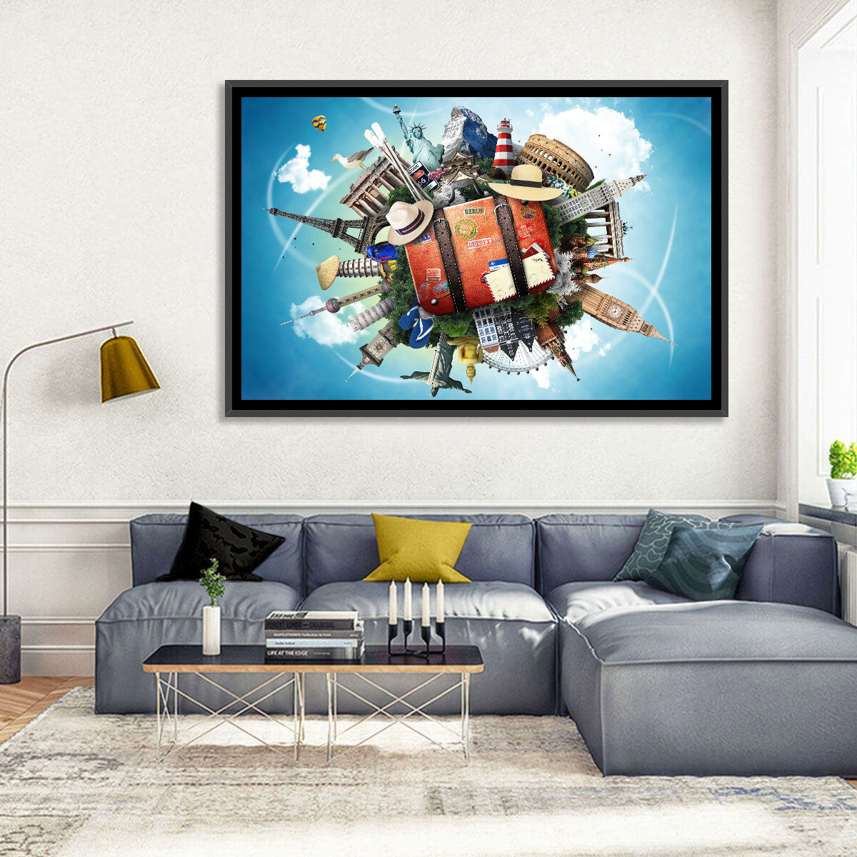 Suitcase and World Landmarks Montage Wall Art in a room, landscape