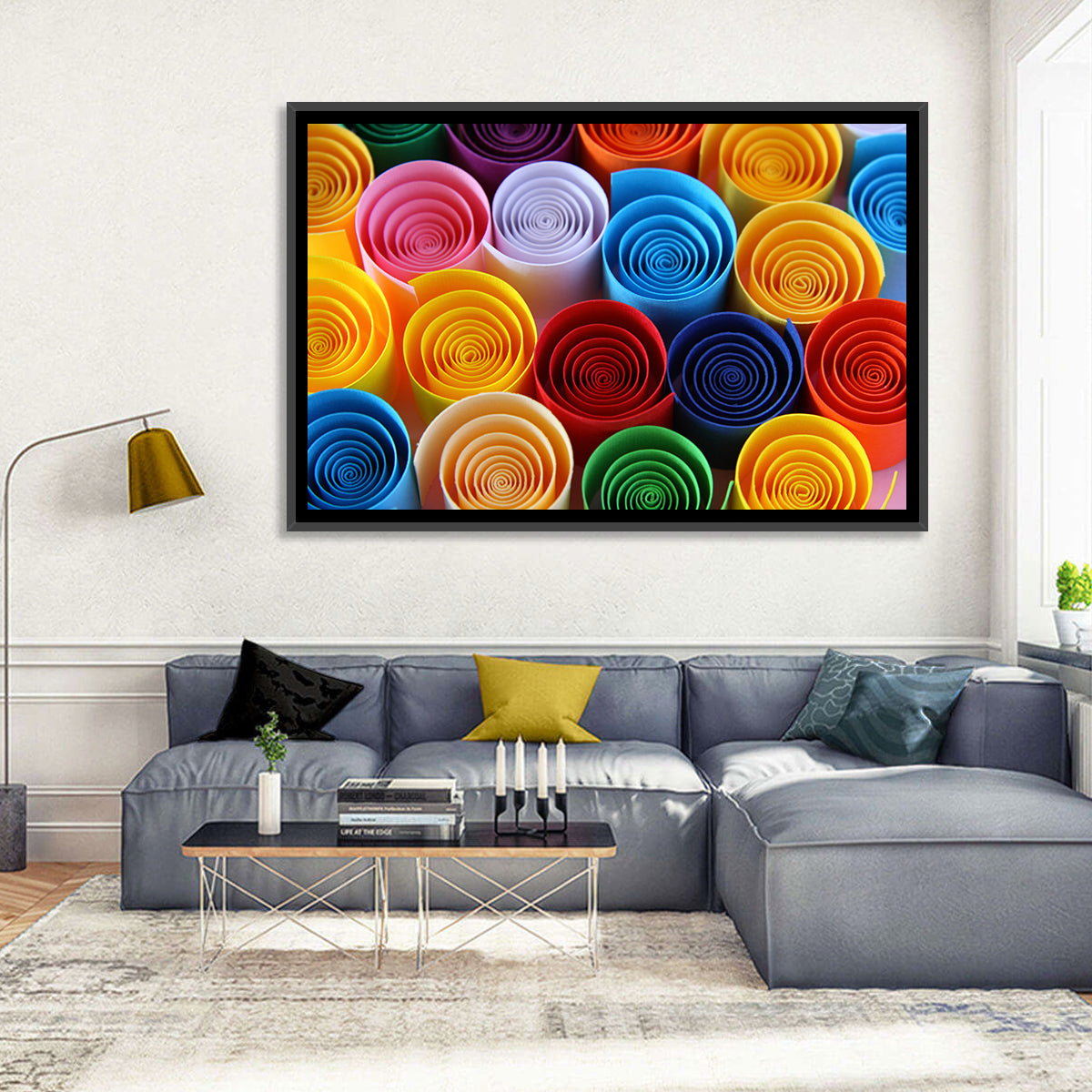 Quilled Color Spirals Wall Art in a room, landscape