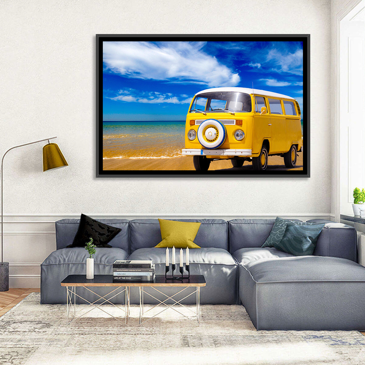 Yellow Vintage Van on Beach Wall Art in a room, landscape