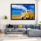 Yellow Vintage Van on Beach Wall Art